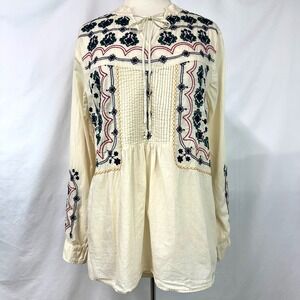 JOHNNY WAS 3J Workshop Embroidered Tunic Peasant Blouse Cream Cotton Women's M